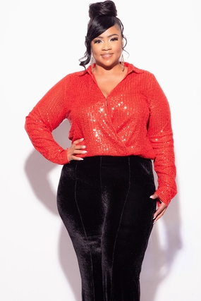 Structured Shoulder UltraSoftLining Final Sale Plus Size Long Sleeve Sequin Top Elastic At The Waist - Red