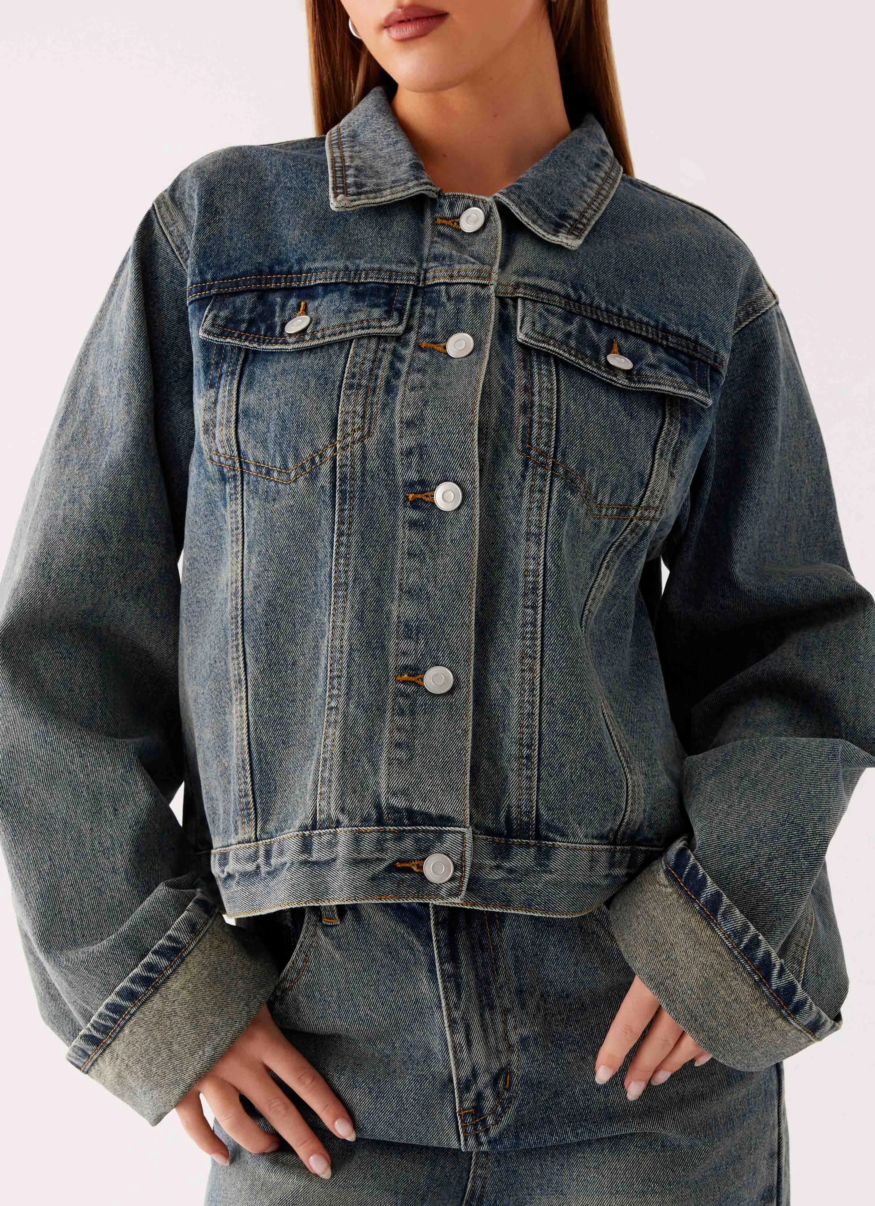 Back Again Oversized Denim Jacket - Dirty Wash Bonded Fabric