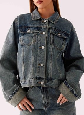 Back Again Oversized Denim Jacket - Dirty Wash Bonded Fabric