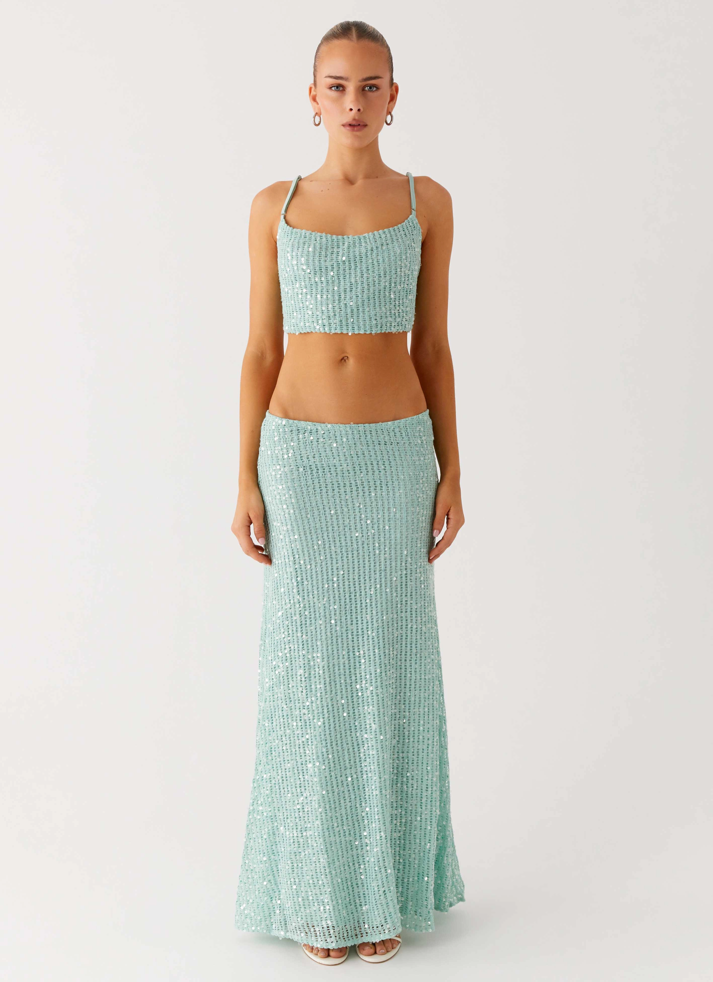 Amoura Sequin Cowl Top - Mint Sage Quick Dry Tech Quick Dry Technology
