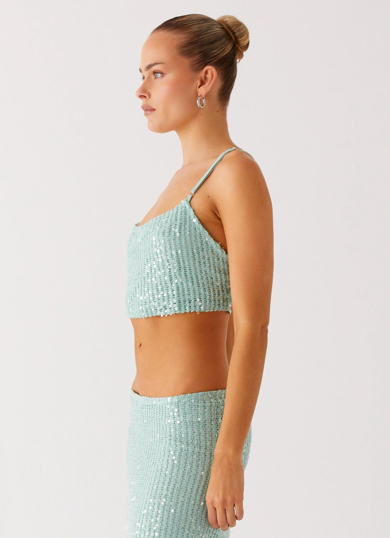 Sustainable Material Blend Amoura Sequin Cowl Top - Mint Sage
