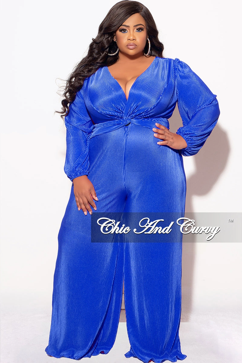 Final Sale Plus Size V-Neck Pleated Jumpsuit in Royal Blue Lightweight Weave