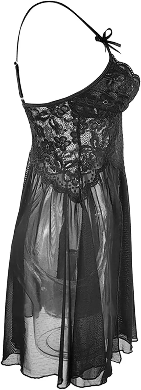 Valentine's Day Lingerie Women's Lace Babydoll Lingerie Set,Sheer Mesh with G-String,Perfect for Valentine's Day