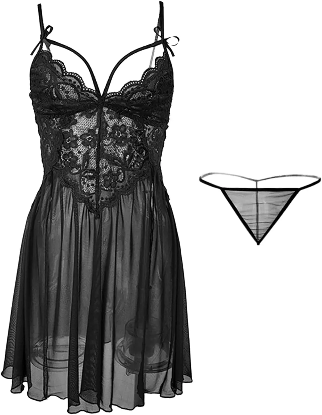 Valentine's Day Lingerie Women's Lace Babydoll Lingerie Set,Sheer Mesh with G-String,Perfect for Valentine's Day