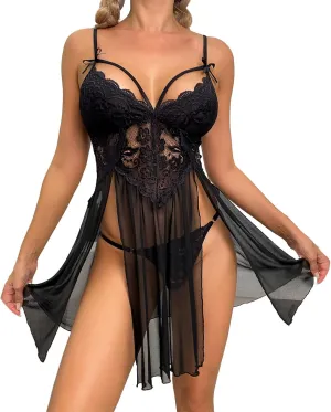 Valentine's Day Lingerie Women's Lace Babydoll Lingerie Set,Sheer Mesh with G-String,Perfect for Valentine's Day