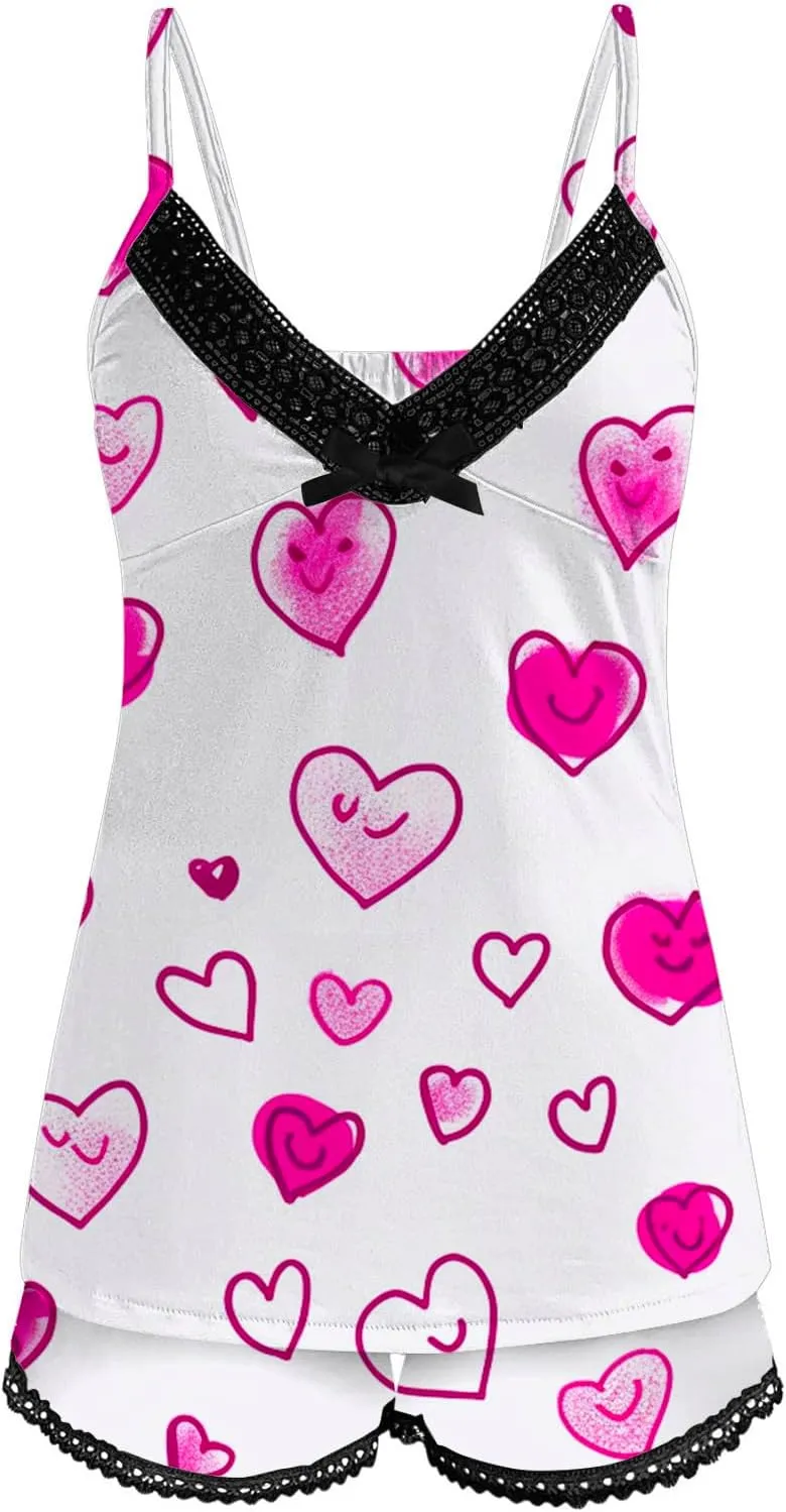 Valentine's Day Pajama Sets For Women Soft V Neck Lace Trim Heart Tank Top And Shorts Two Piece Pjs Set Nightwear Loungewear