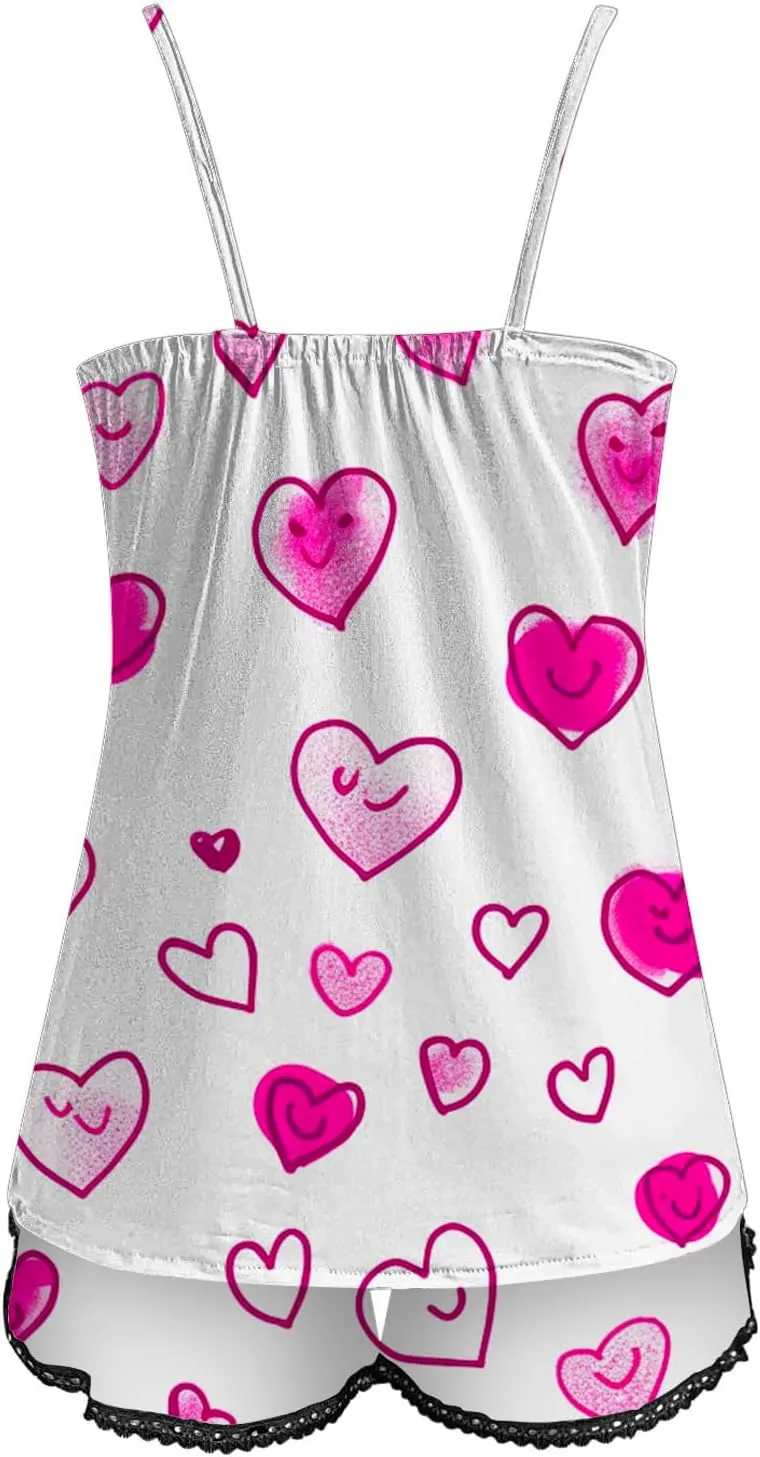 Valentine's Day Pajama Sets For Women Soft V Neck Lace Trim Heart Tank Top And Shorts Two Piece Pjs Set Nightwear Loungewear