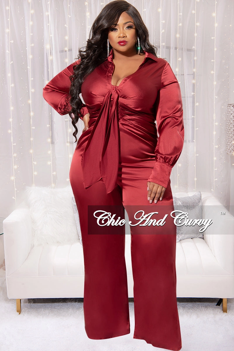 QuickRelease Closure Final Sale Plus Size Satin Collar Front Tie Button Up Jumpsuit in Burgundy