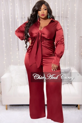 QuickRelease Closure Final Sale Plus Size Satin Collar Front Tie Button Up Jumpsuit in Burgundy