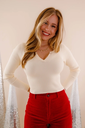 Opening Up Ribbed Top-Ivory Snag Resistant Fabric