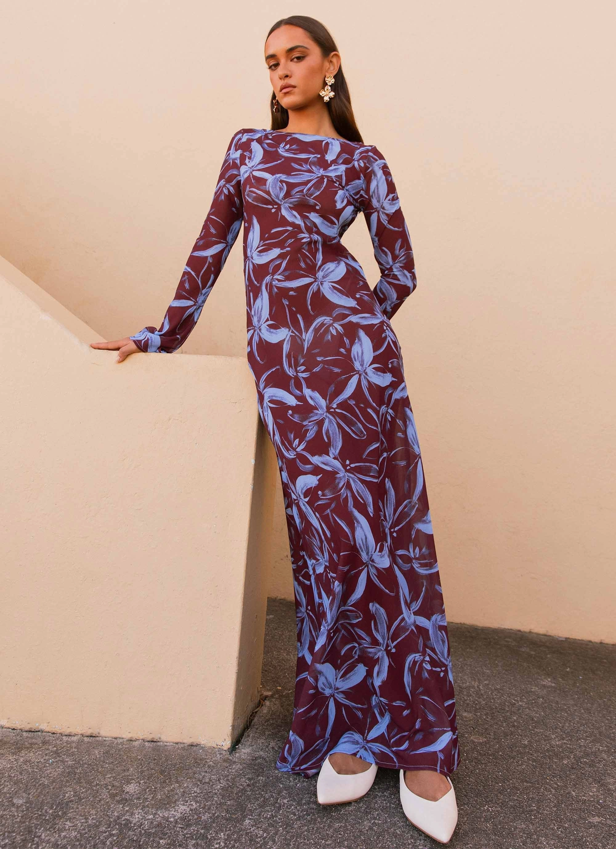 Lorde Maxi Dress - Brown Purple Floral Casual Silhouette Chilly Day Comfort