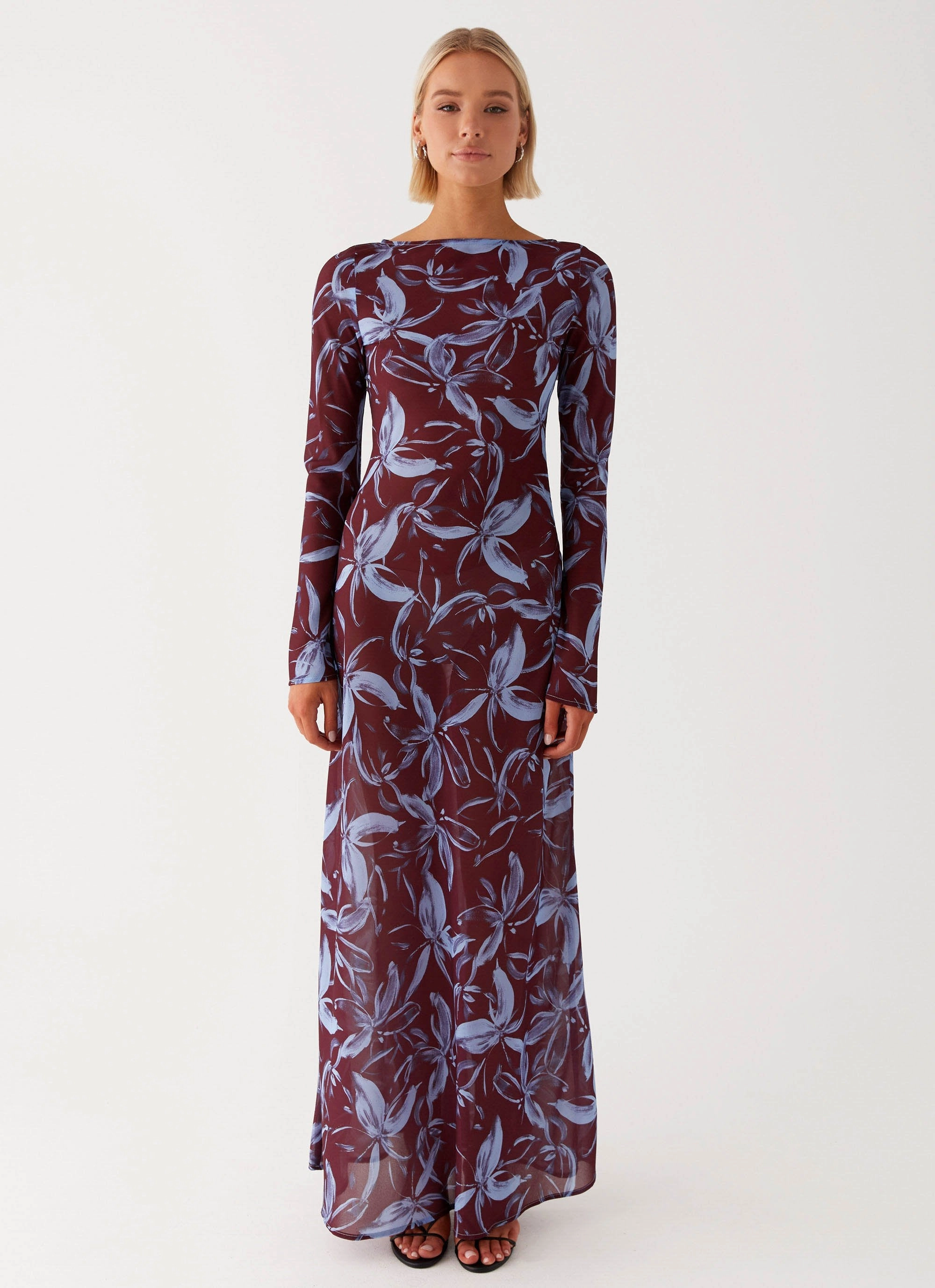 Lorde Maxi Dress - Brown Purple Floral Piped-Edge Sleek Outline