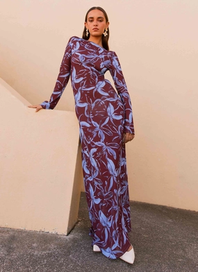 Lorde Maxi Dress - Brown Purple Floral Perfect For Any Occasion Textured Look