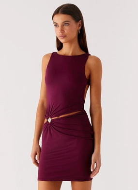 Velvet Wine Mini Dress - Boysenberry Fitted waist Ribbed-Texture