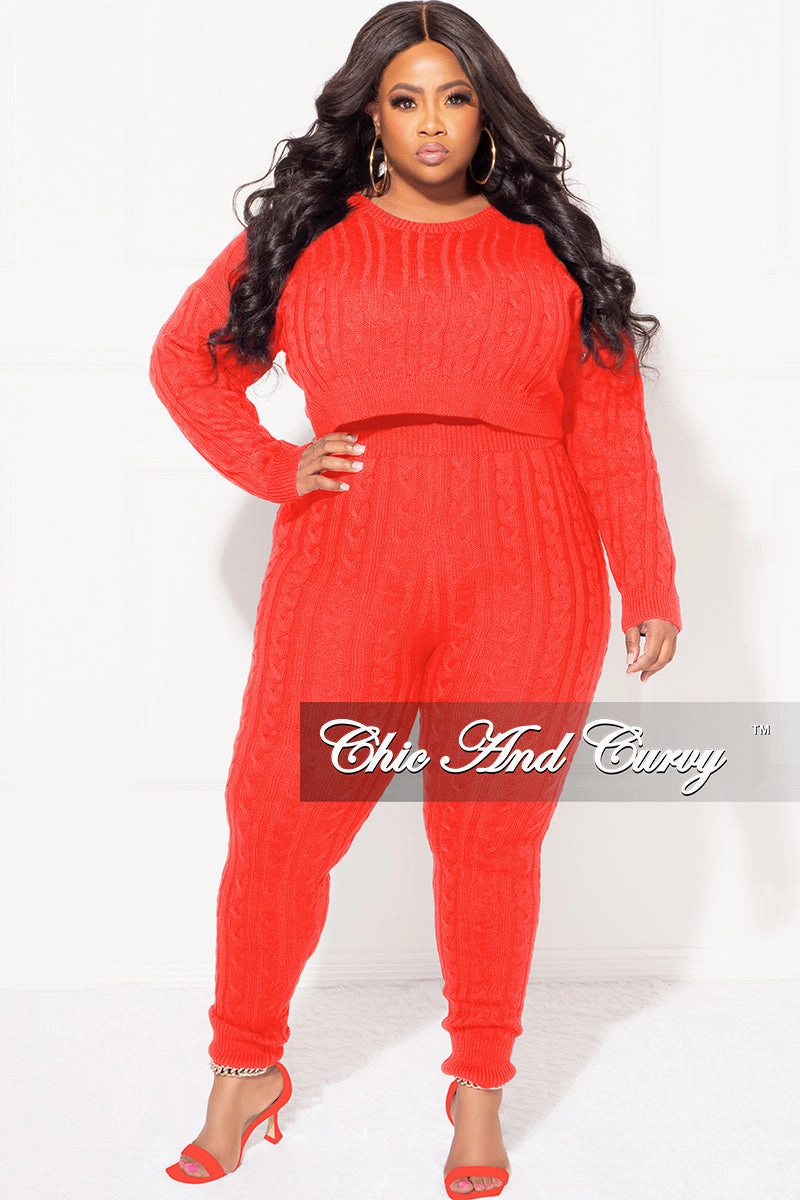 Final Sale Plus Size 2-Piece Sweater Pants Set in Red Versatile Waist