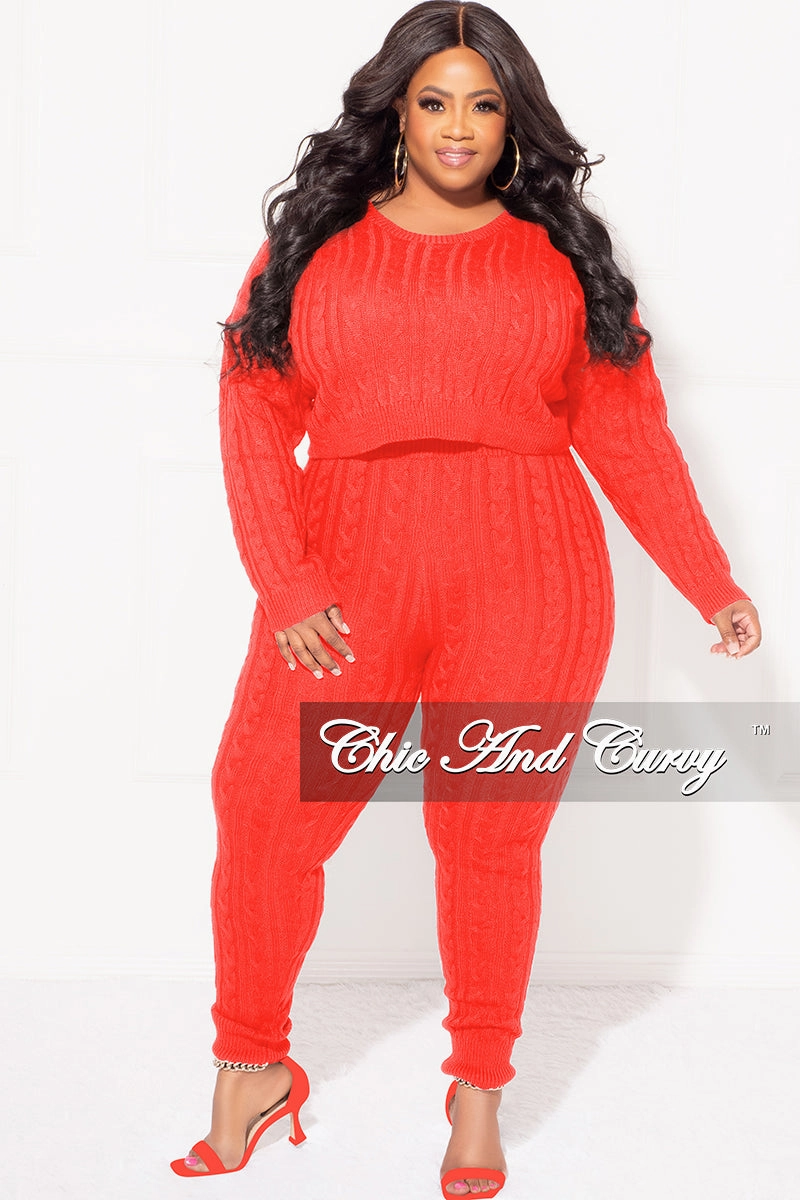 Final Sale Plus Size 2-Piece Sweater Pants Set in Red Reinforced Stress Points All Season Versatility