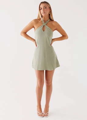 Counting Stars Linen Halterneck Dress - Sage Petite friendly