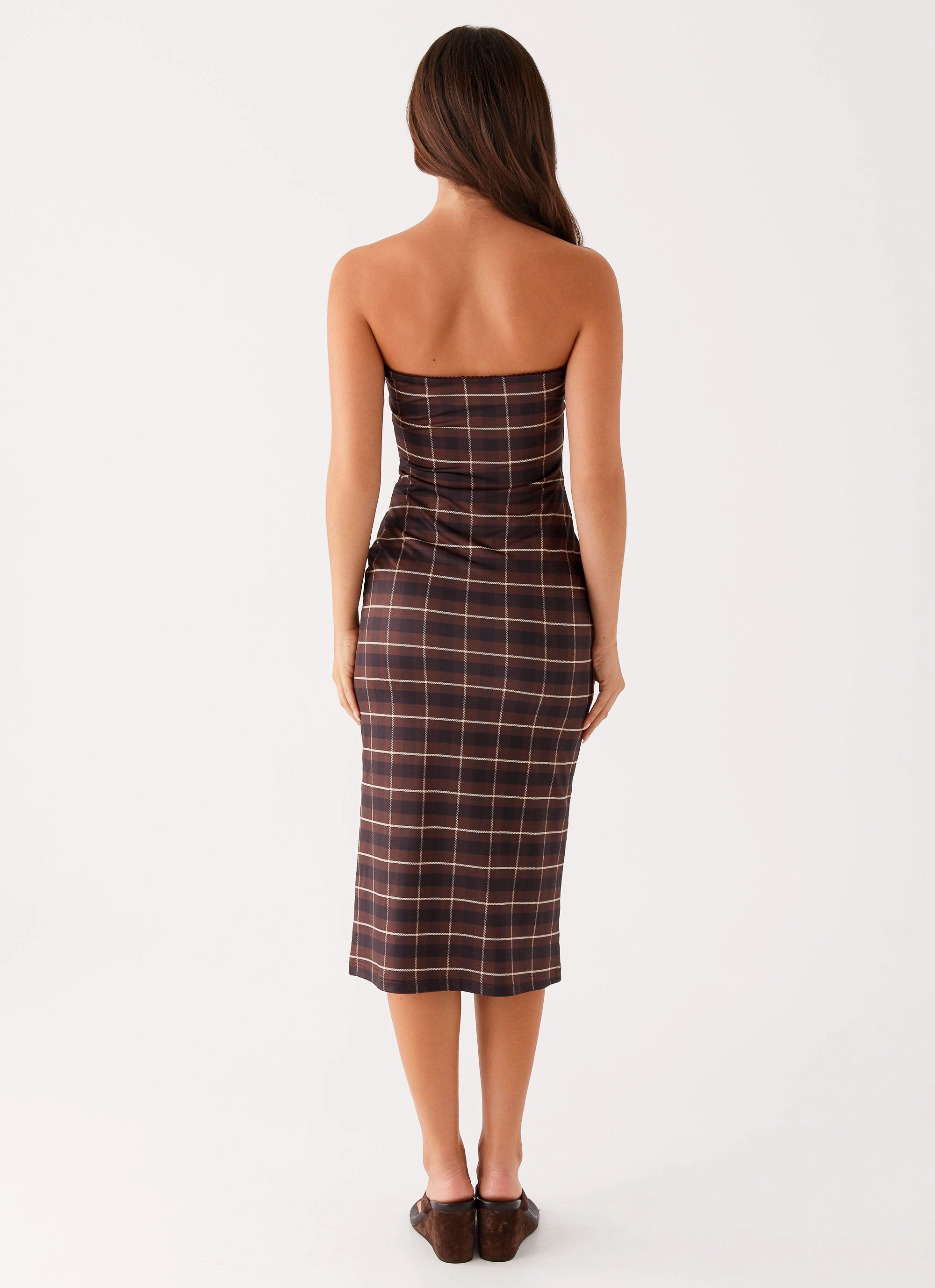 Niko Strapless Midi Dress - Brown Black Check Mid Fit Easy Draping