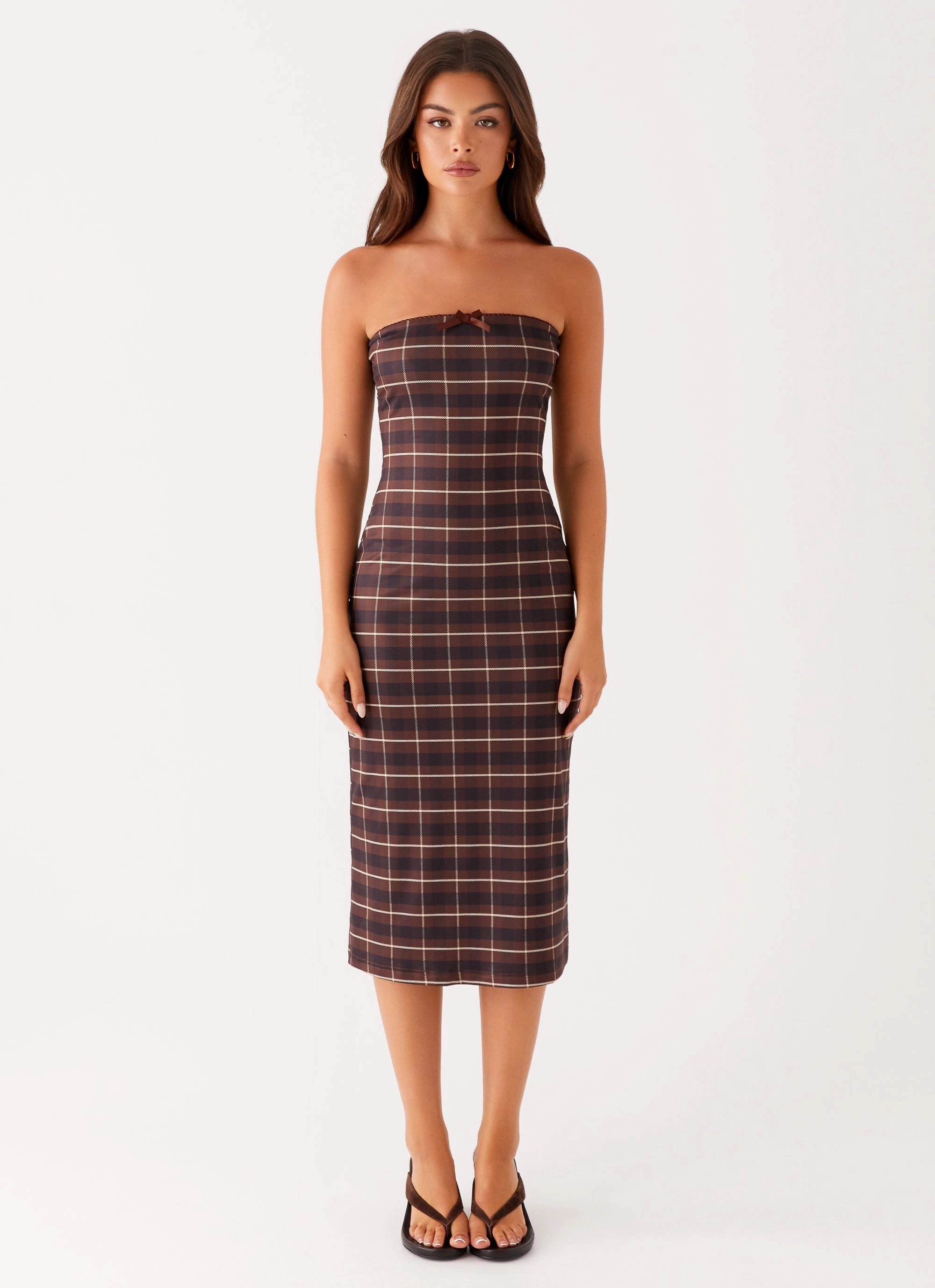 Subtle Mood Soft Layering Niko Strapless Midi Dress - Brown Black Check