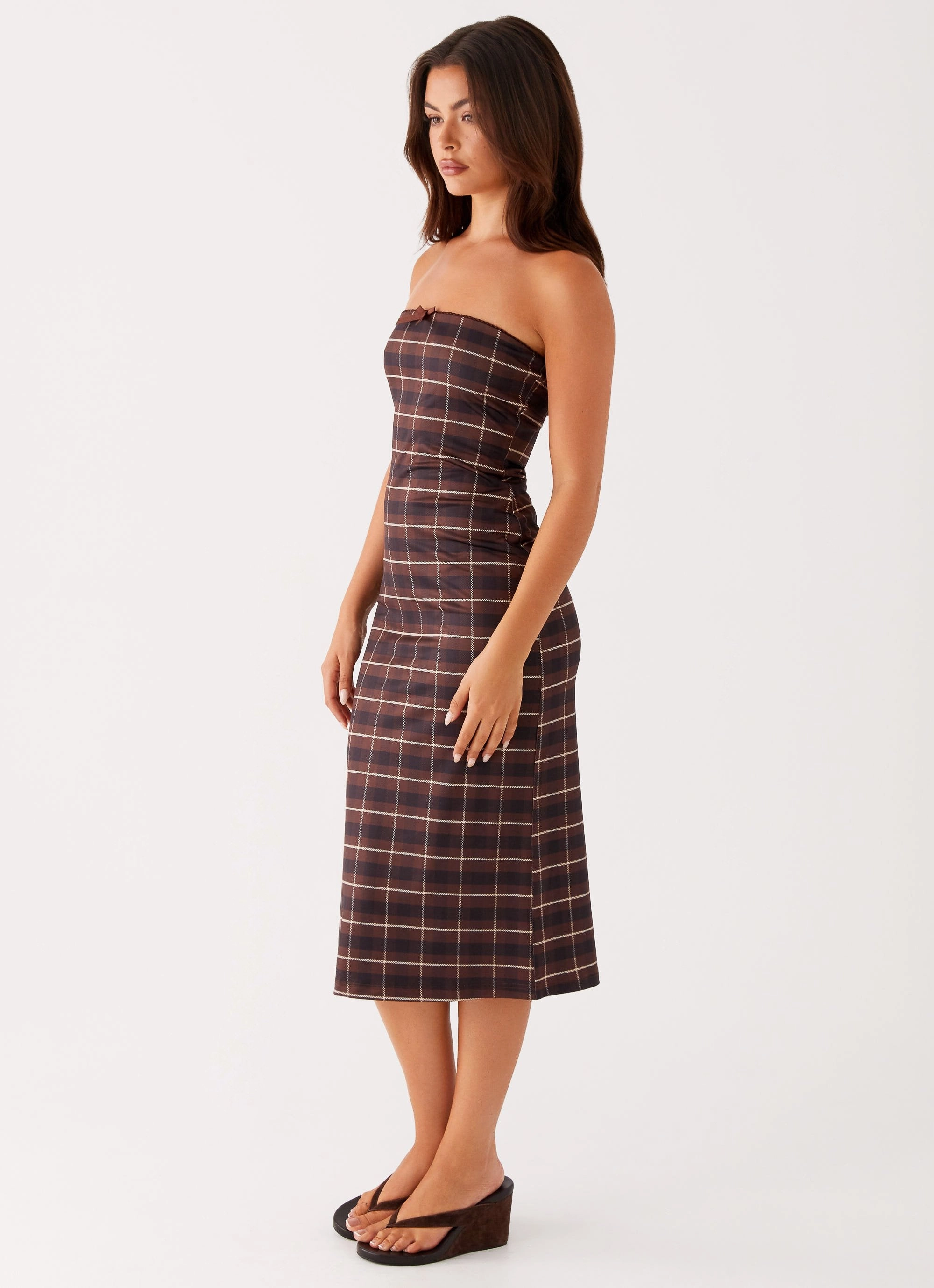Niko Strapless Midi Dress - Brown Black Check Dreamy Touch AntiPillTreatment