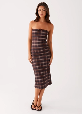 Niko Strapless Midi Dress - Brown Black Check Relaxed and stylish Flow Line