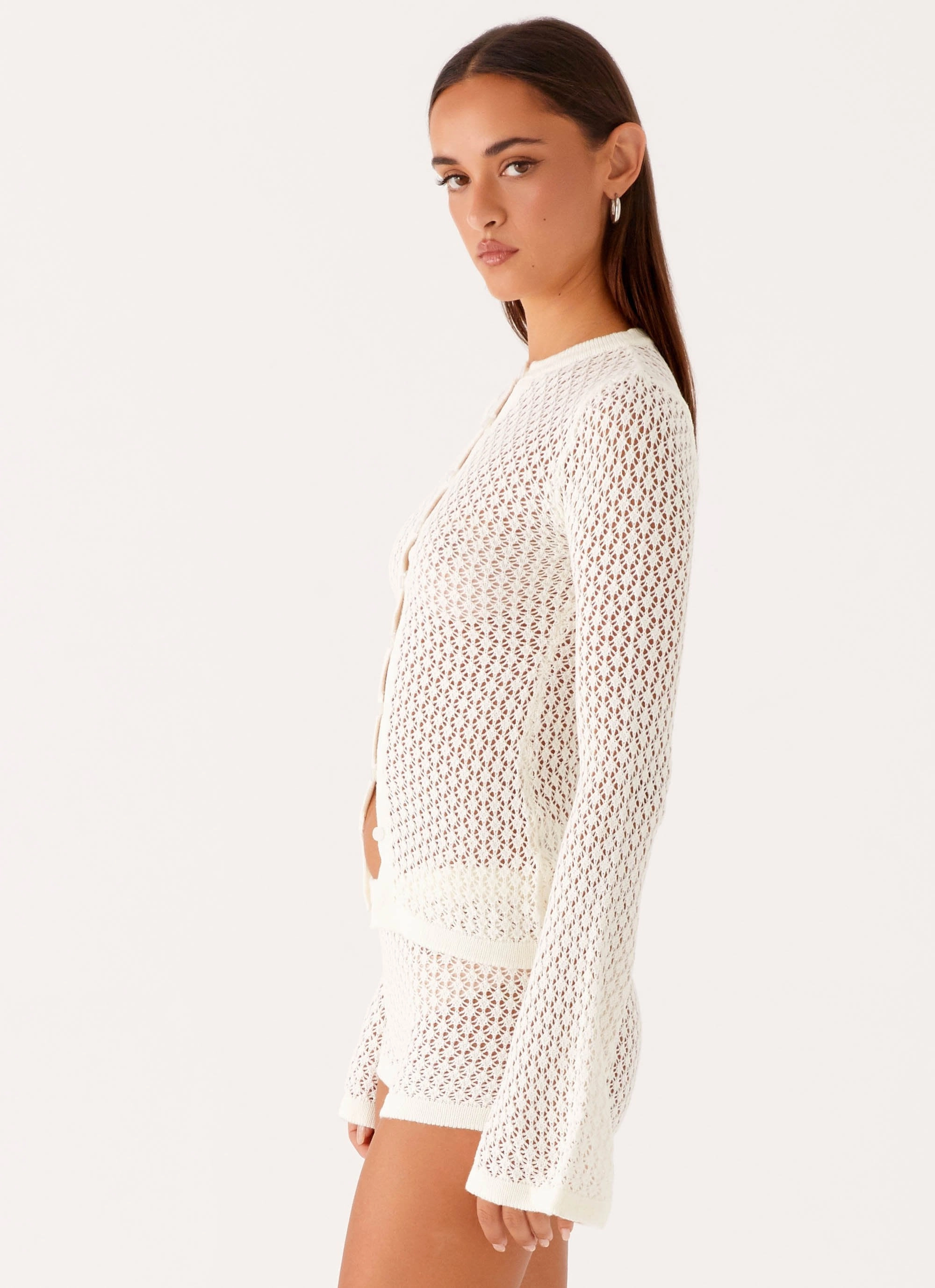 Heat Tech Fabric Weather Ready Molly Crochet Cardigan - Ivory