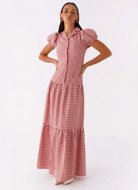 Verity Maxi Dress - Red Gingham Silk Flow