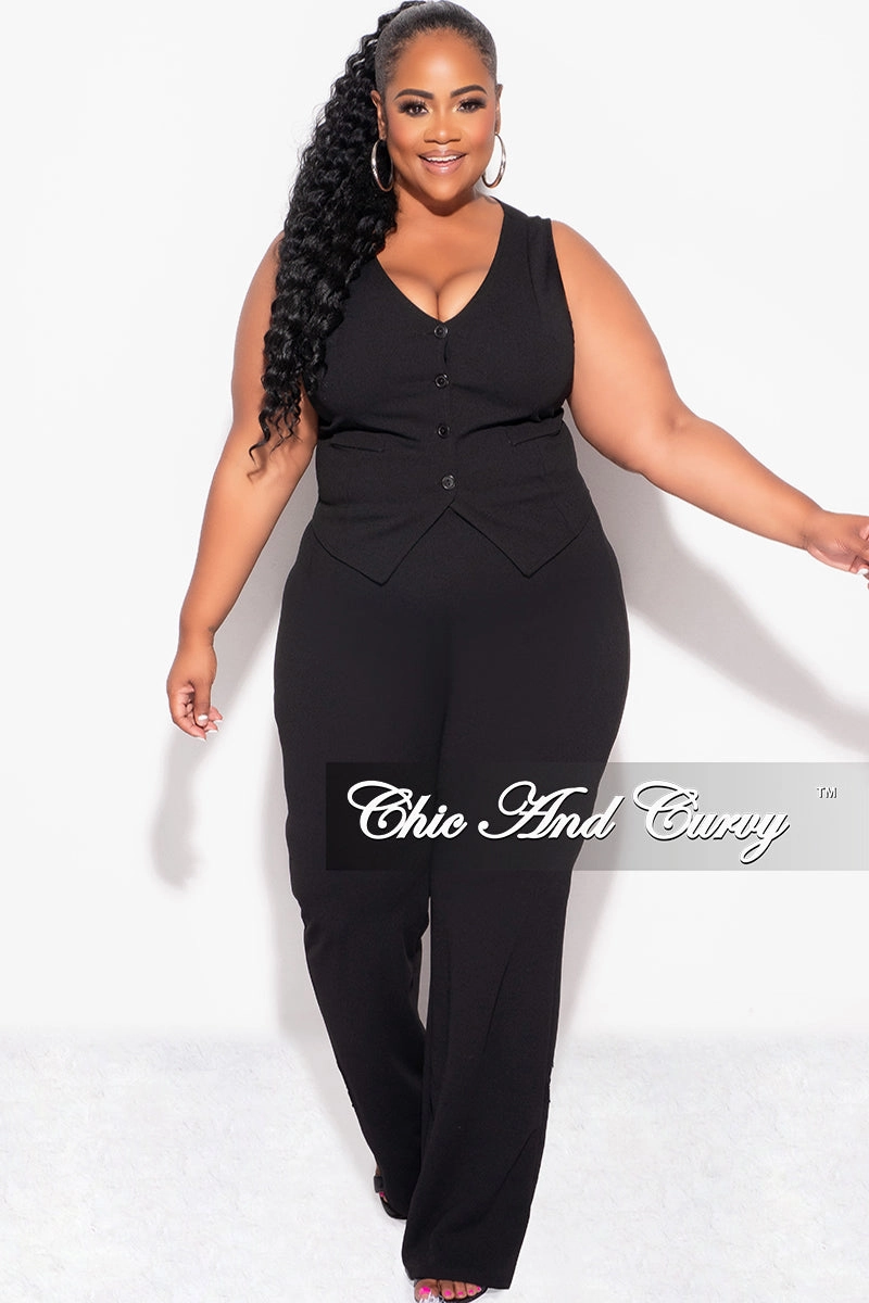 Final Sale Plus Size 2pc Sleeveless Blazer Vest and Pants Set in Black ripstop fabric