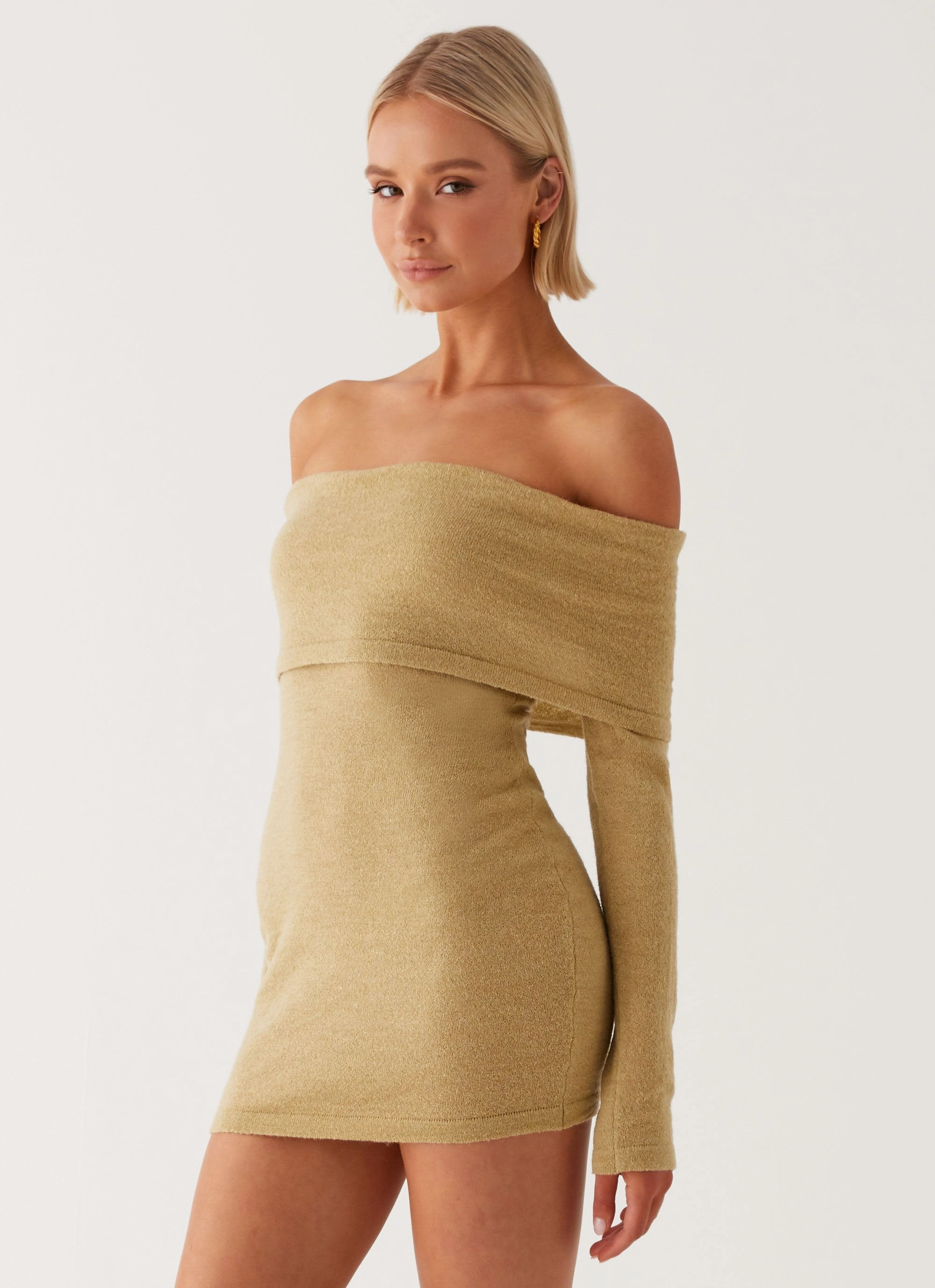 Myla Off Shoulder Mini Dress - Camel Pocket-Detail