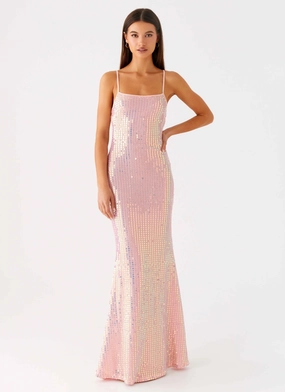 Flowy Cut Active Outfit Attitude Knit Sequin Maxi Dress - Iridescent Pink