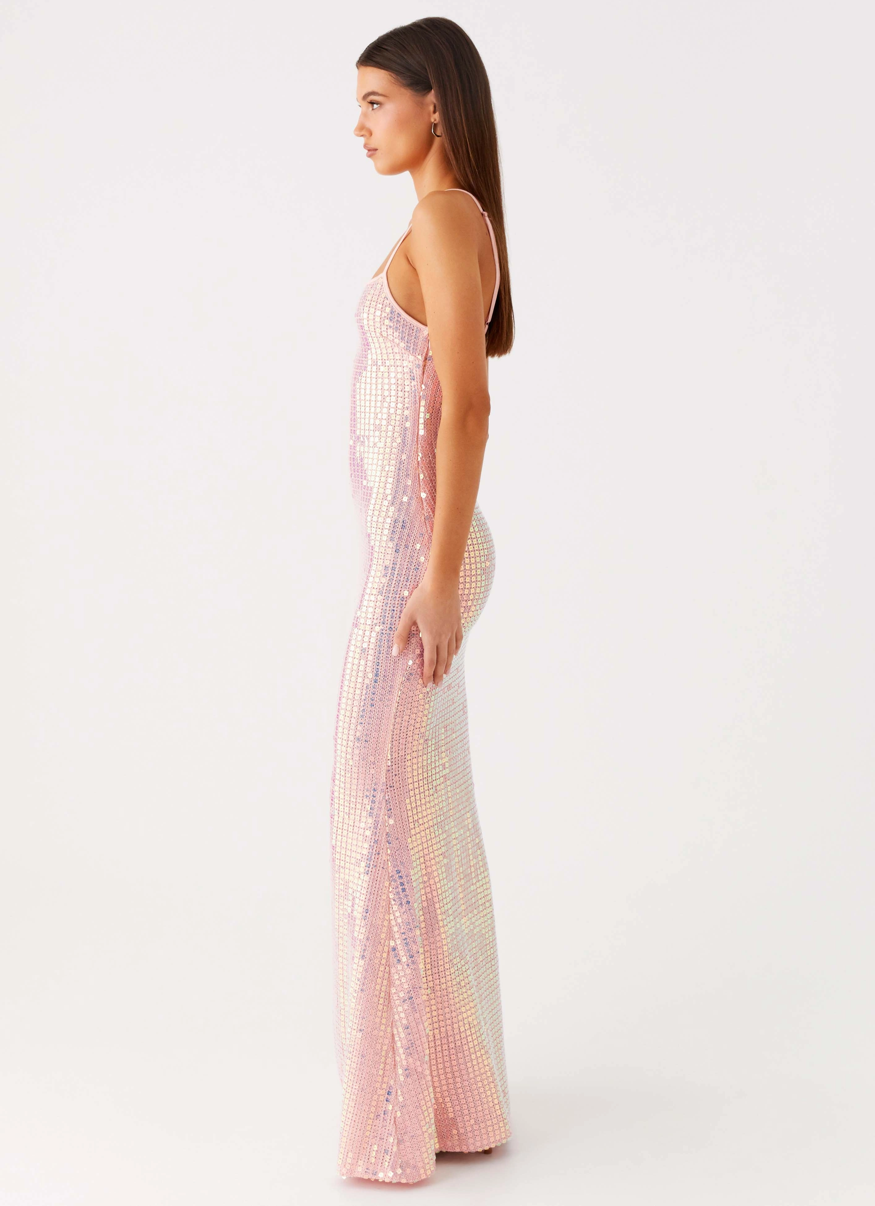 Attitude Knit Sequin Maxi Dress - Iridescent Pink Shirred-Detail Work or Casual