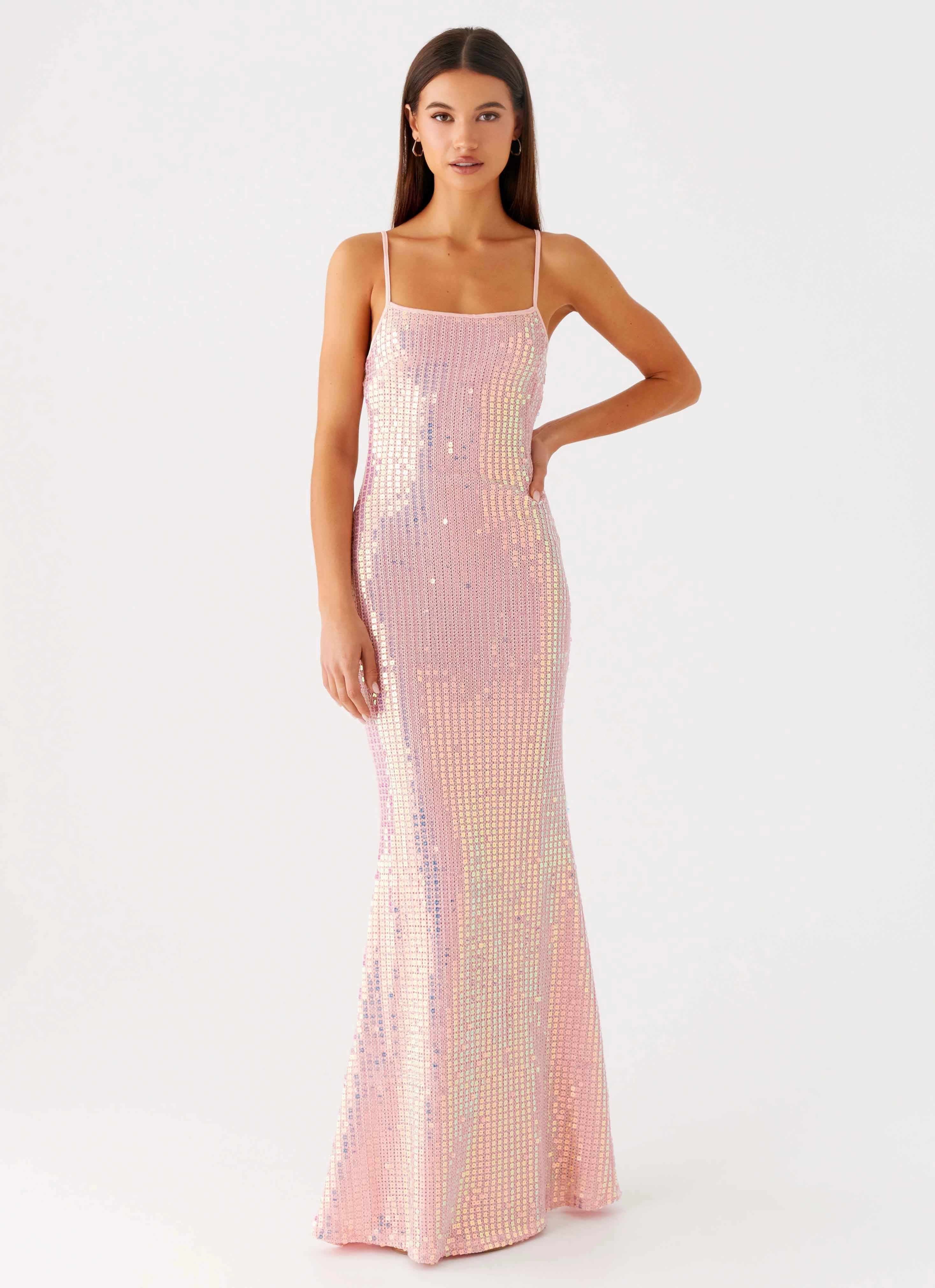 Flowy Cut Active Outfit Attitude Knit Sequin Maxi Dress - Iridescent Pink