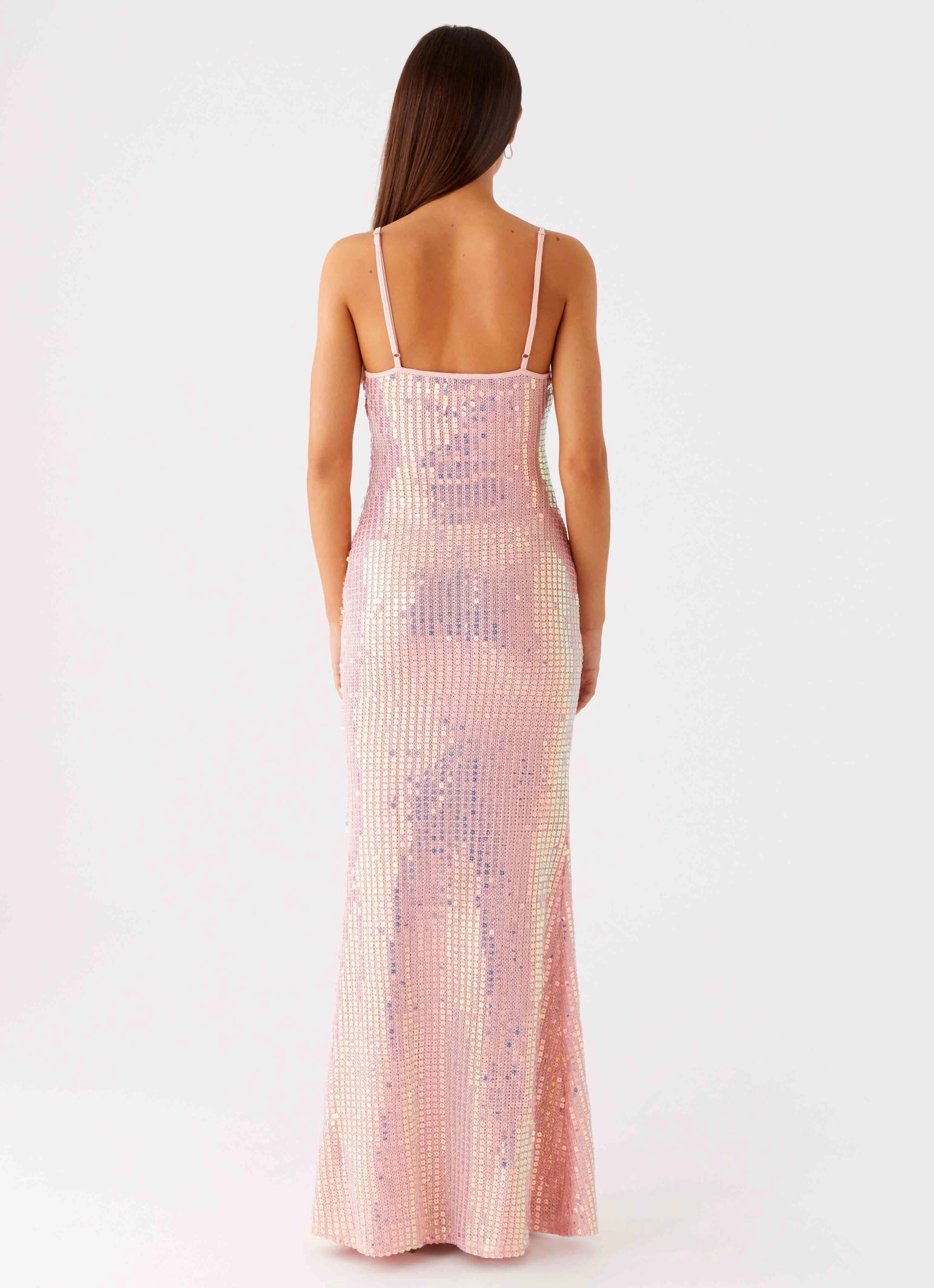 Pose Glow Elegant Detail Attitude Knit Sequin Maxi Dress - Iridescent Pink