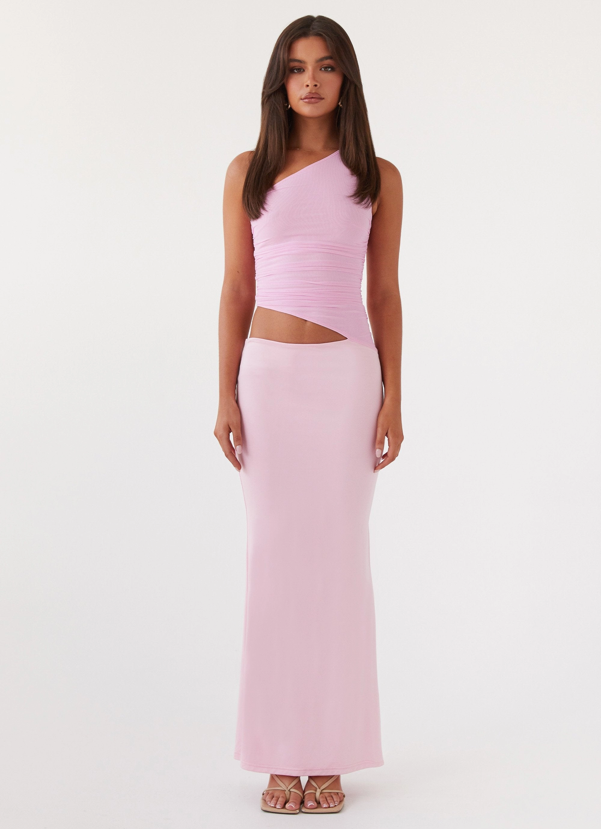 Seranella One Shoulder Maxi Dress - Pink Elastic-Waist Stretchable