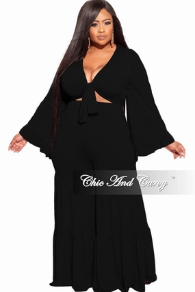 DurableBartack Final Sale Plus Size 2pc Bell Sleeve Crop Tie Top and 3-Layer Pants Set in Black
