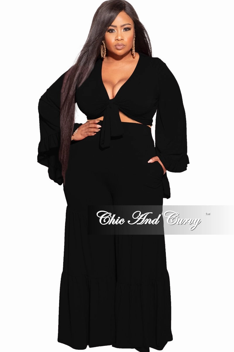 Comfy Ease Final Sale Plus Size 2pc Bell Sleeve Crop Tie Top and 3-Layer Pants Set in Black