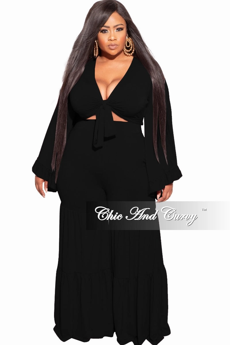 Final Sale Plus Size 2pc Bell Sleeve Crop Tie Top and 3-Layer Pants Set in Black High Waist