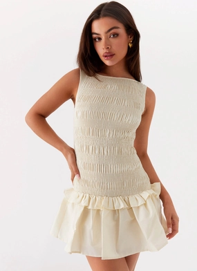 Garden Kisses Shirred Mini Dress - Ivory Easy Draping Calm Drape
