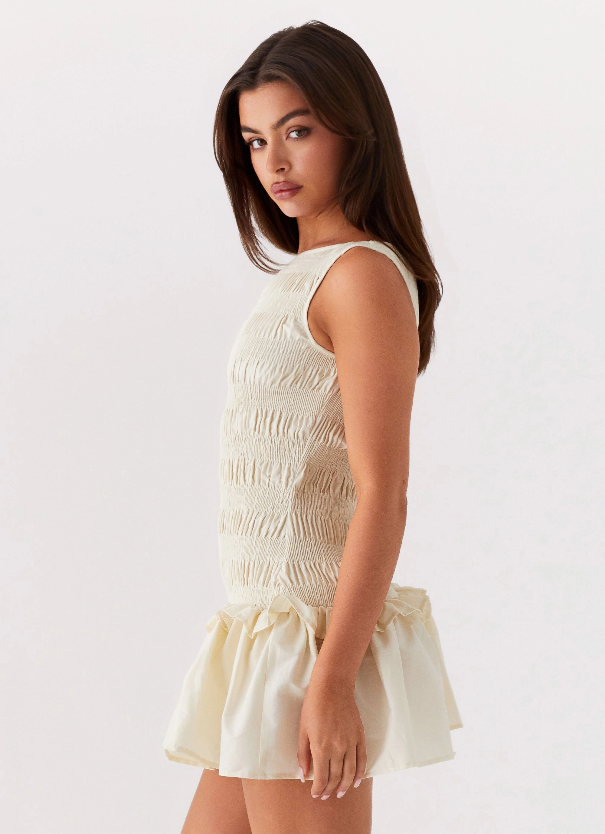 Garden Kisses Shirred Mini Dress - Ivory Flattering Waist Design Cozy Tones