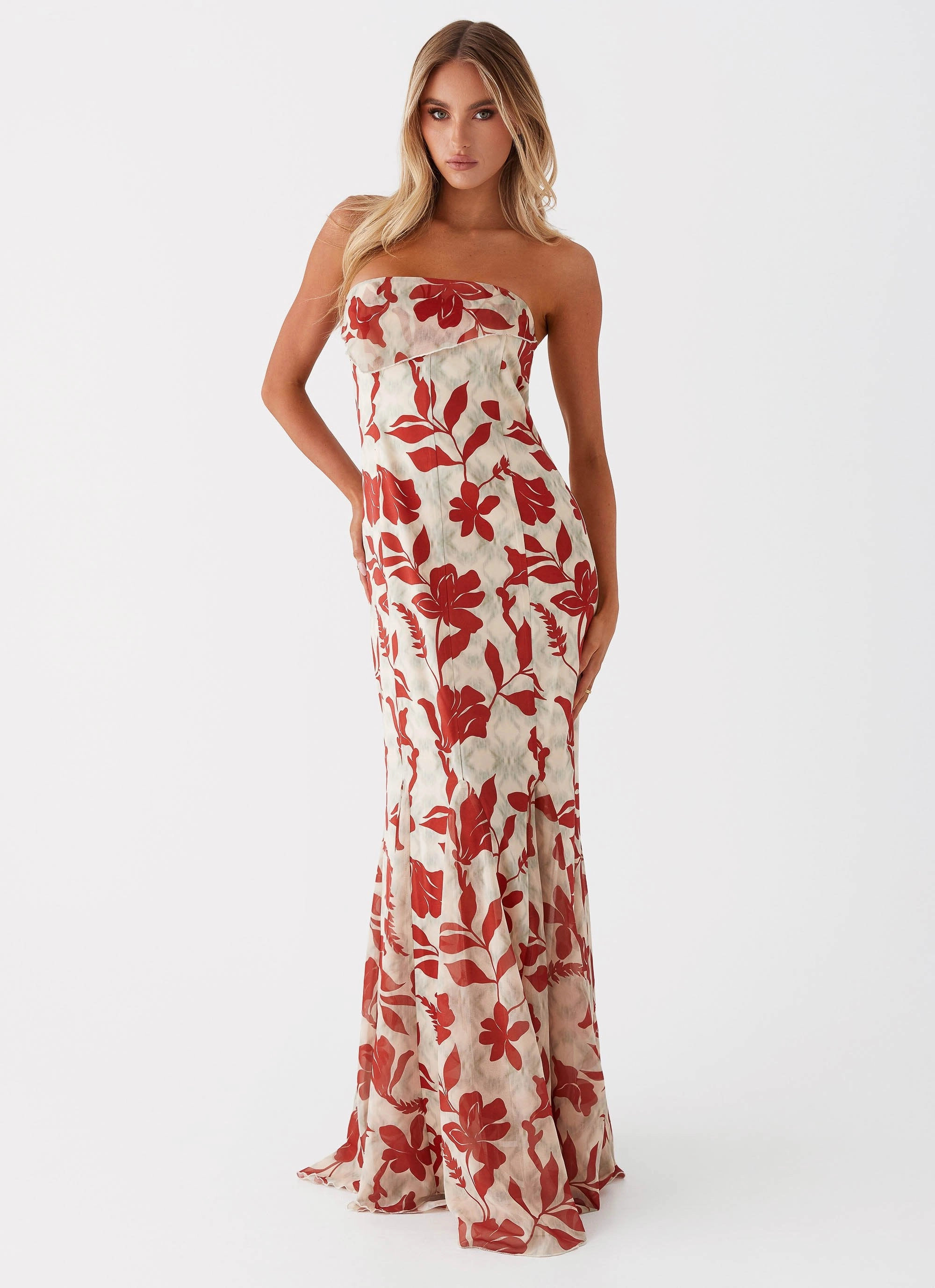 Brunch Fit Hip-Flattering Willa Maxi Dress - Red Green Floral