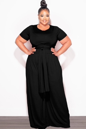 Athletic Fit Hidden Zip Pockets Final Sale Plus Size 2pc Short Sleeve Tie Top and Pants Set in Black