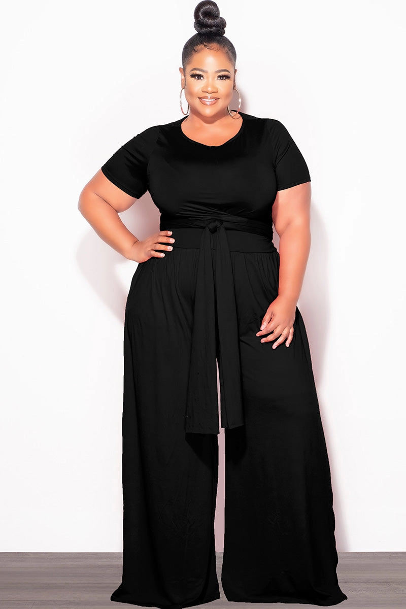 Final Sale Plus Size 2pc Short Sleeve Tie Top and Pants Set in Black ReinforcedHemline No Wrinkle