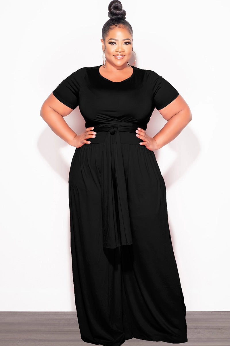 Athletic Fit Hidden Zip Pockets Final Sale Plus Size 2pc Short Sleeve Tie Top and Pants Set in Black