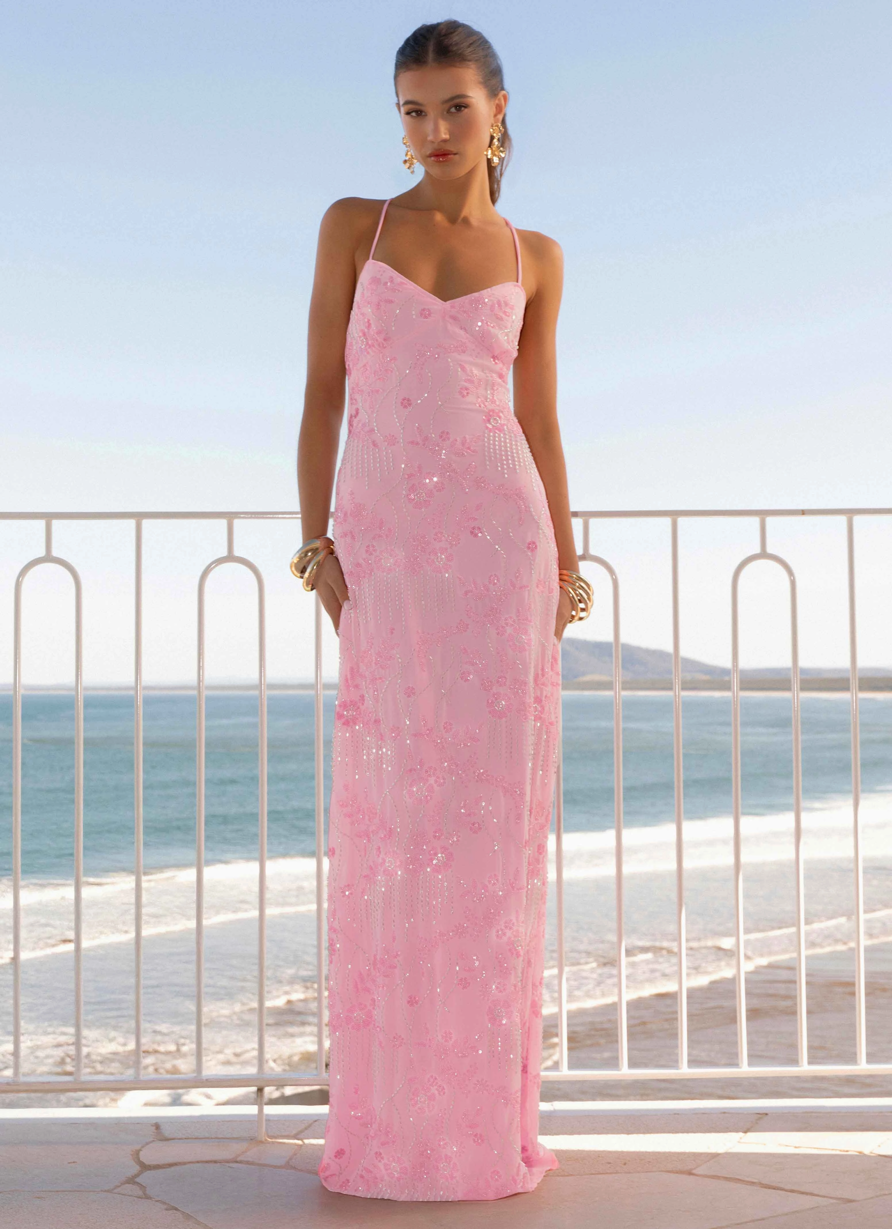 Lace Fine Form Fitting Vietta Sequin Cami Maxi Dress - Pink