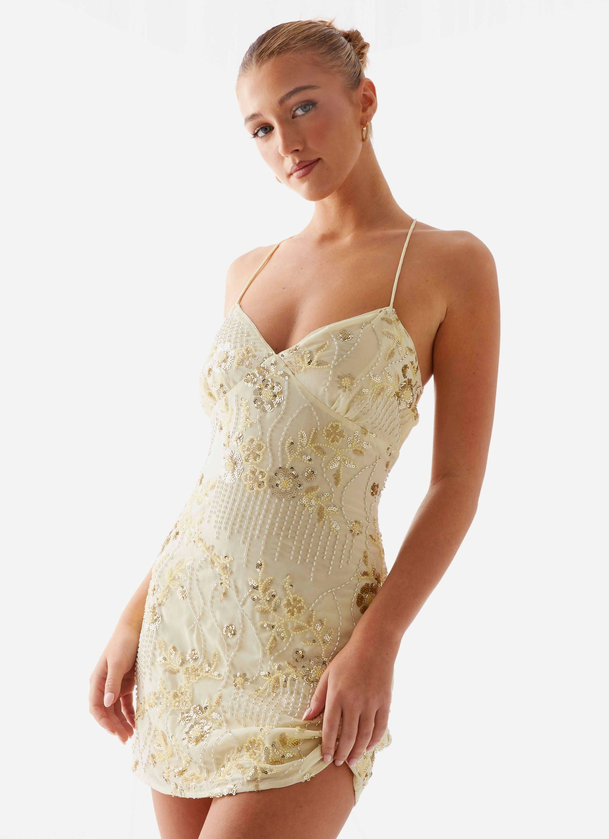 Lace Fine Vietta Sequin Cami Mini Dress - Yellow