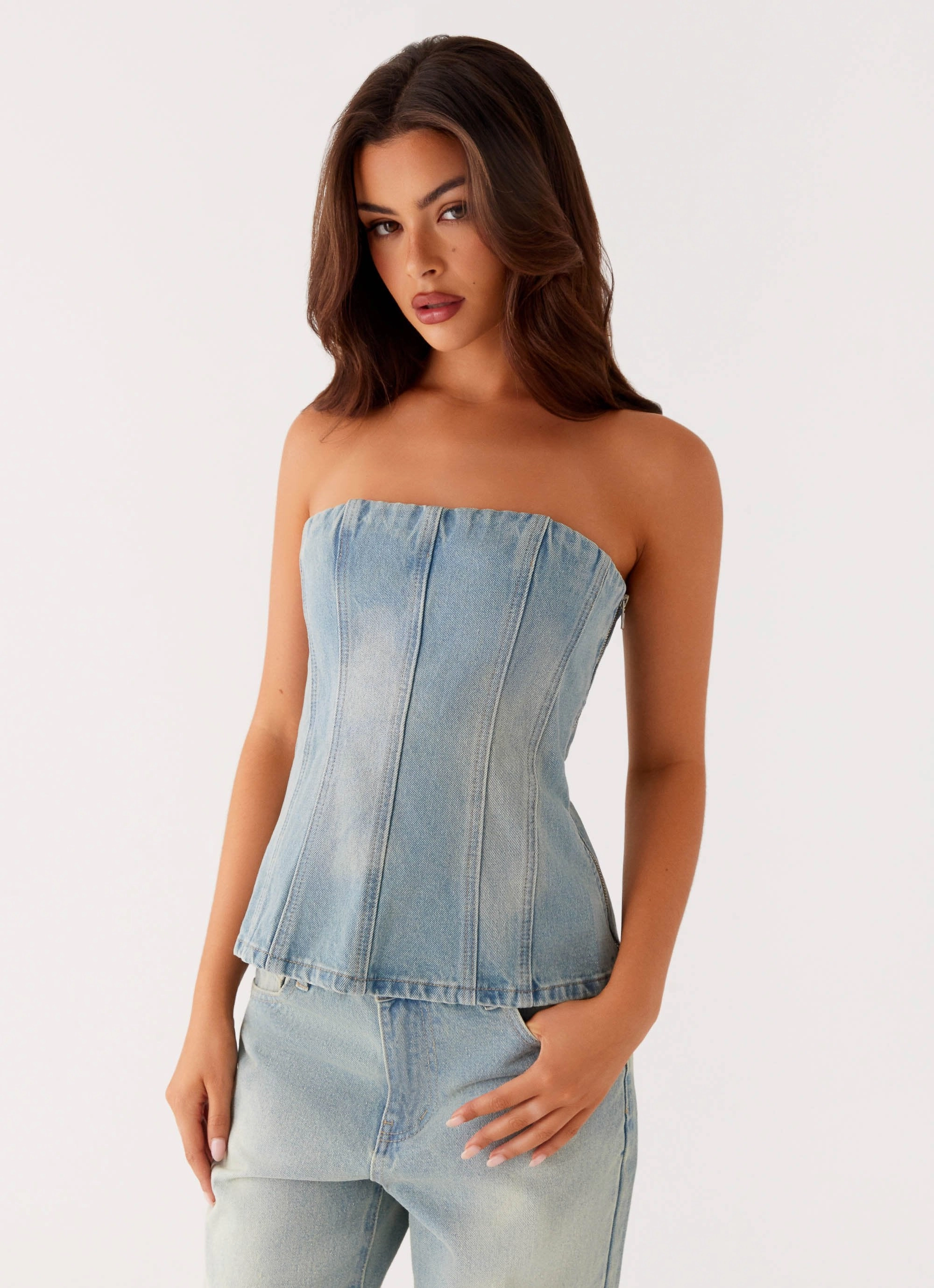 Classic Crew Neck Vino Strapless Denim Top - Vintage Denim