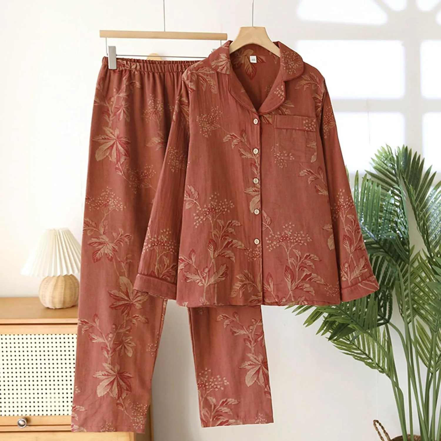 Vintage Cotton Pajamas Sets for Women Button Down 2 Piece Pjs Long Sleeve Shirt and Pants Vintage Fashion Homewear