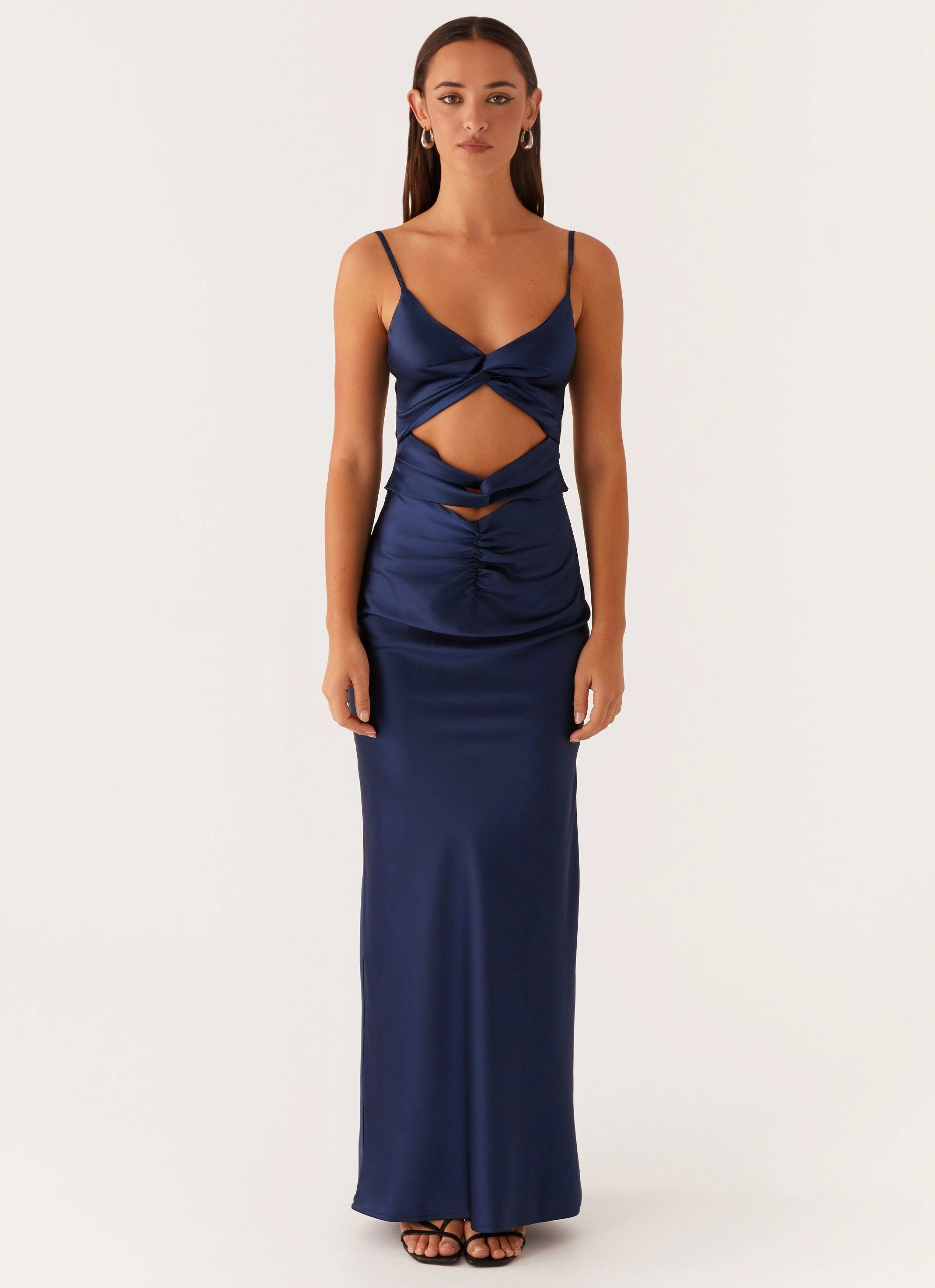 Stormie Satin Maxi Dress - Navy Sleeveless Cozy Cut