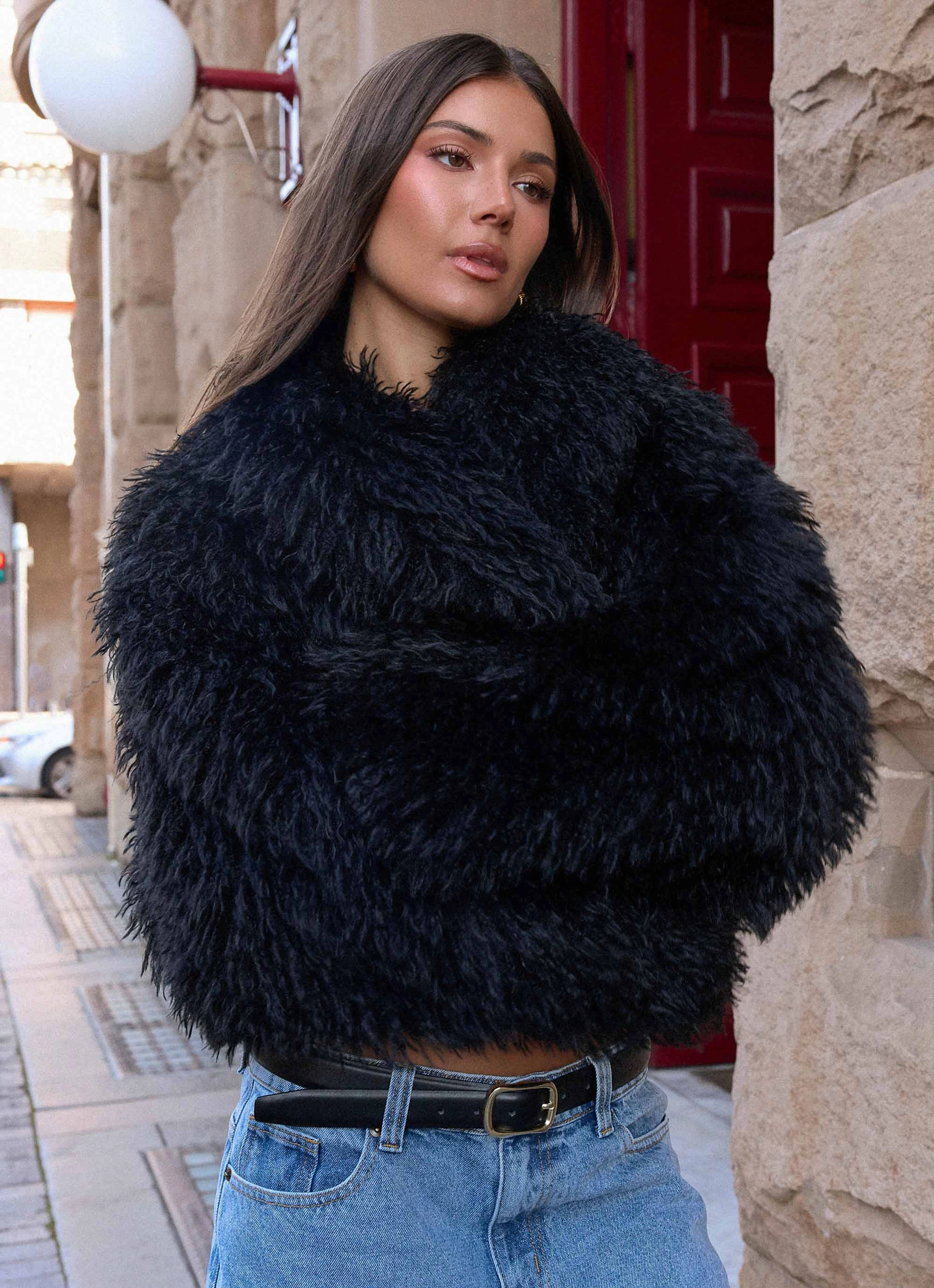 Virginia Cropped Fur Jacket - Black Weekend Outing Wear