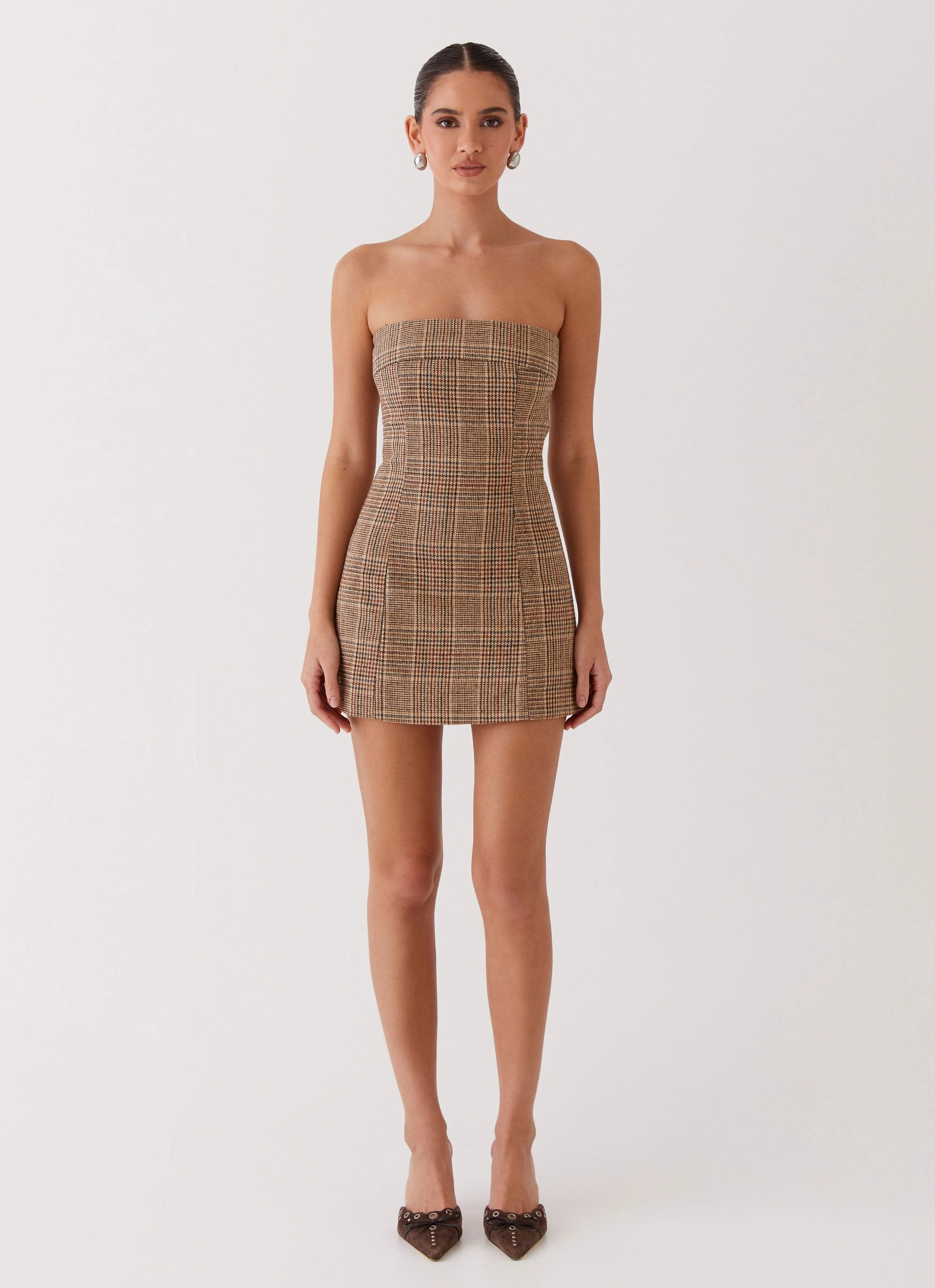 Vivenda Strapless Mini Dress - Brown Plaid Easy Vibe